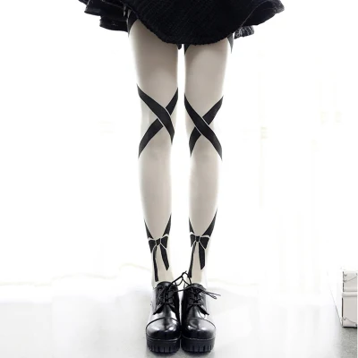 

Cute Girl JK Uniform Gothic Lolita Socks Kawaii Bowknot BlackPrinting Tight Lovely Maid Cosplay Accessory Stocking