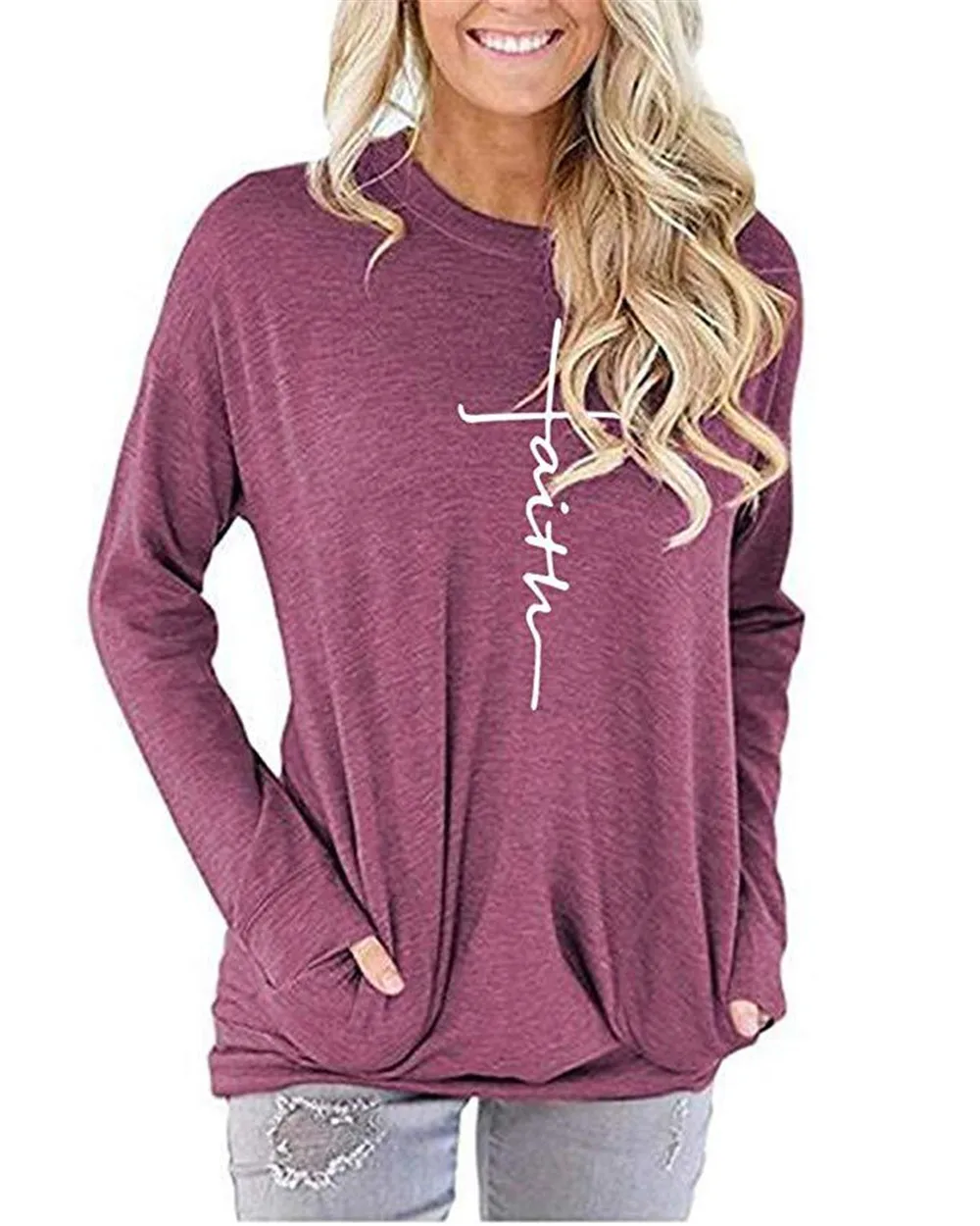 

Faith Letter Print T shirt Women O-neck Long Sleeve Pockets Plus Size Tshirts Poleras Mujer De Moda 2020 Harajuku Vintage Tshirt