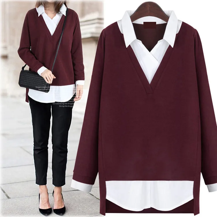 LANMREM 2020 High Quality summer Female Long Sleeve Turn-down Collar Patchwork Fake Two Pieces Woman Fashion Shirt Tops SA927 |