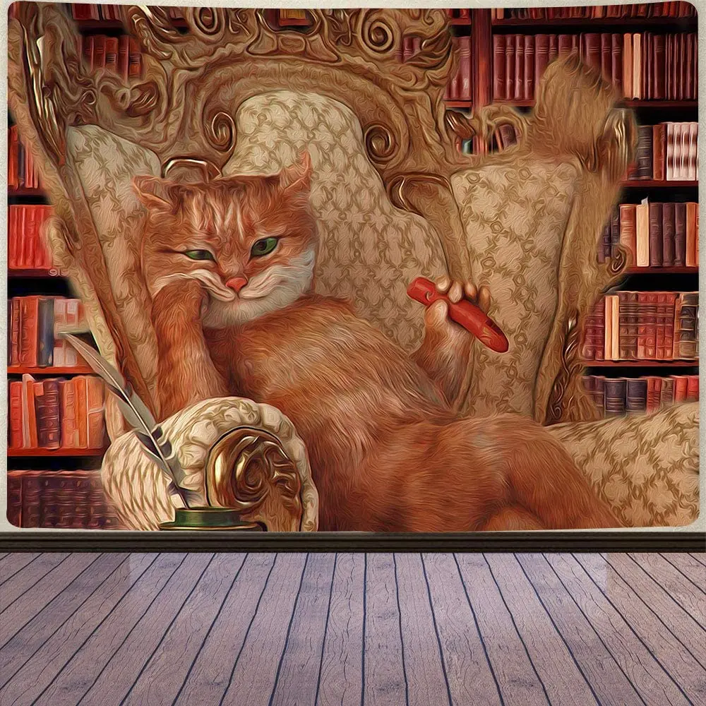 

Крутой кошачий гобелен в стиле ретро, книжная полка, европейский стиль, домашний декор, смешной большой фланелевый гобелен для спальни, гост...