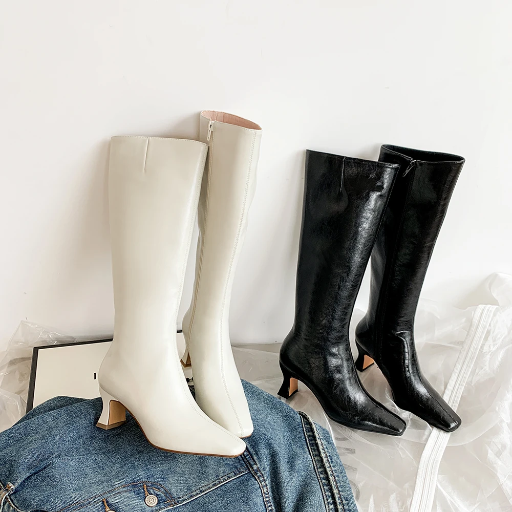 

Winter Knee High Boots 5cm Med Heels Women Shoes Genuine Leather Black White Autumn Boots Patent Leather Zip Waterproof Sexy