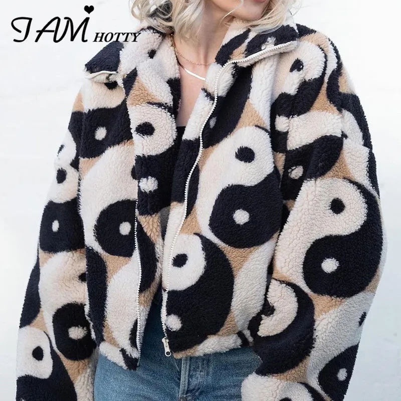 

Lamb Fur Zipper Thick Coat Winter Women Y2K Vintage Contrast Geometric Plush Fluffy Teddy Jacket Warm Vogue Outerwear Iamhotty