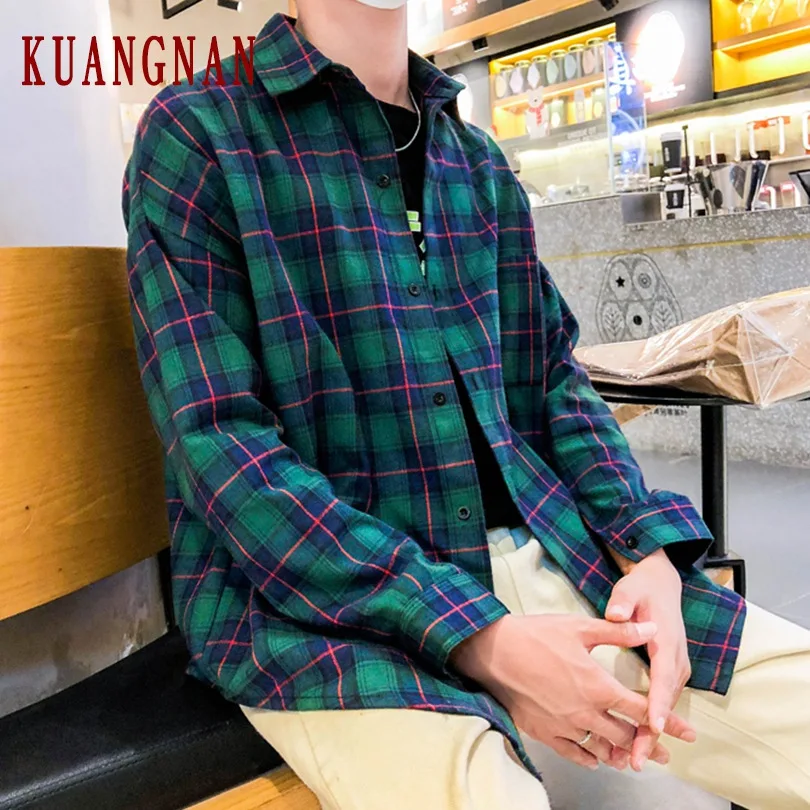 KUANGNAN клетчатая рубашка Мужская Уличная с длинным рукавом модная хип хоп мужская