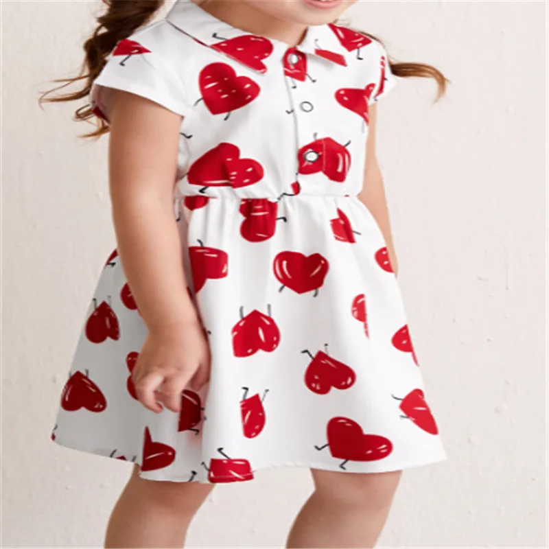 

2-7T Baby Dress Fashion Short Sleeve Dress Printed Heart Dress Fashion Dress Children Girls