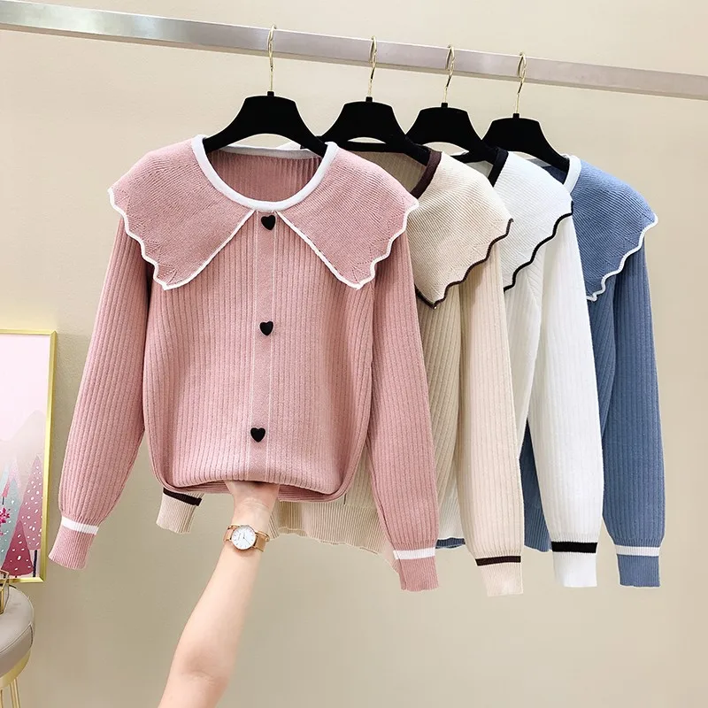 

2021 New Korean Women Pullover Pull Femme Vintage Contrast Color Long-sleeve Basic Sweater Loose O Neck Chic Ruffle Knitted Tops