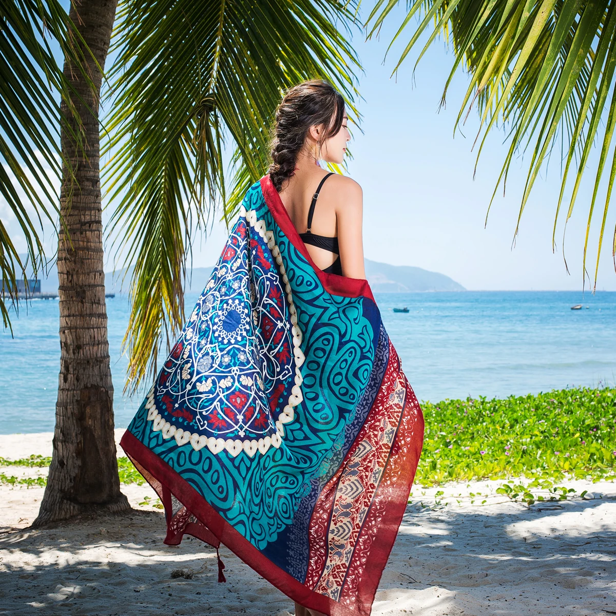 Большая шаль с кисточками и принтом в национальном стиле на весну лето Шелковый