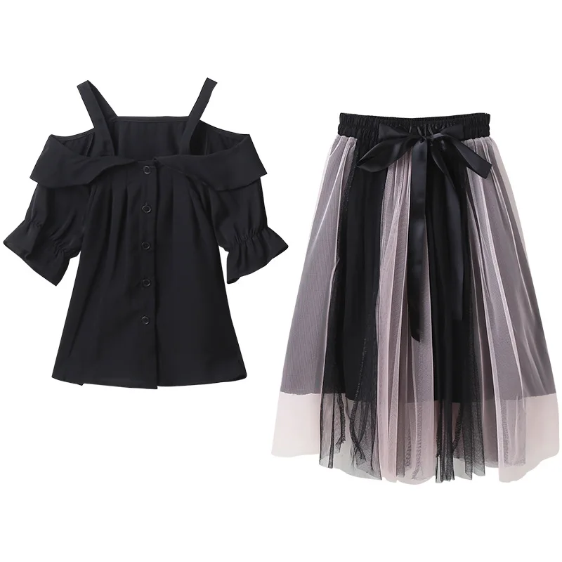 

2020 Summer Children Sets Casual Strap Off Shoulder Tops Bow Mesh Skirts 2Pcs Girls Clothes Sets 3-12T