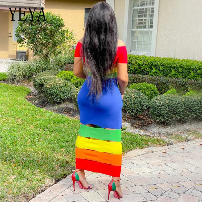 

YEYA Stitching Color Maxi Dress Slash Neck Hollow Out Off Shoulder Short Sleeve Package Hip Summer Casual Nightclub Party Dress