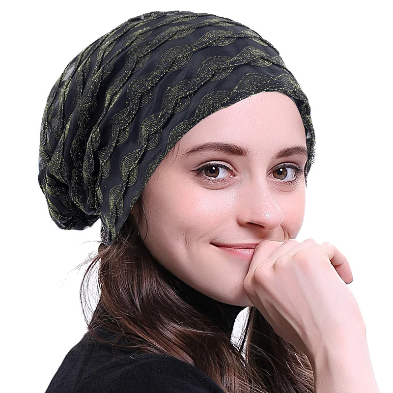 Geebro Women Lace Gold and silver Skullies Beanies Hats For Ladies Slouchy Hollow Turban Thin Thick Slouch Caps | Аксессуары для