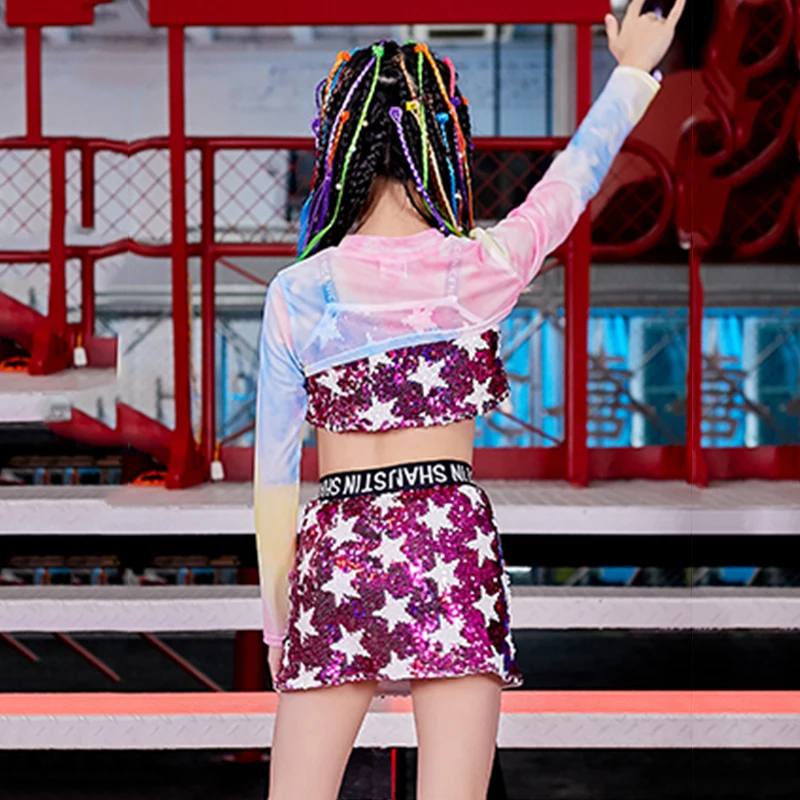 

New Girls Jazz Costumes Purple Sequins Cheerleader Clothing Modern Street Dance Outfit Children Stage Performance Wear