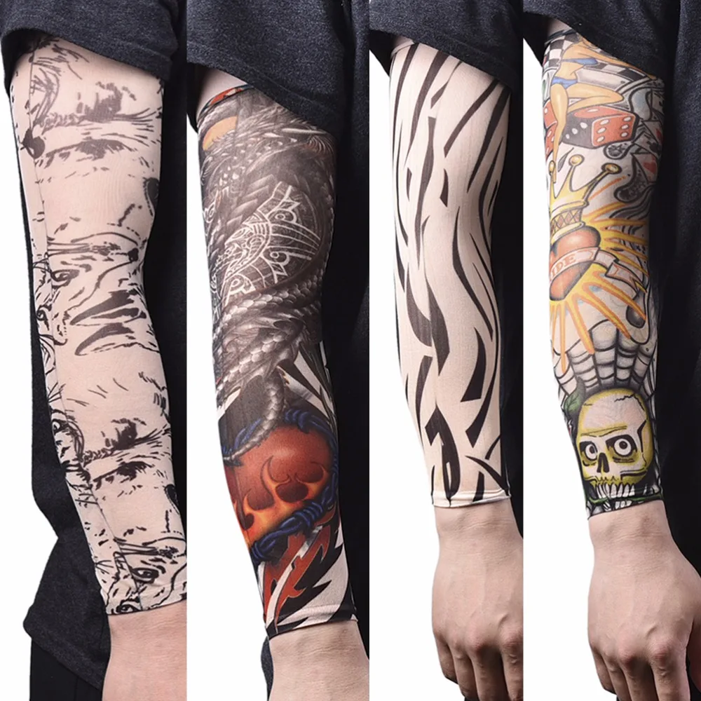 

New 1pc Sport Skins Sun Protective Men Seamless Fake Tattoo Arm Stockings Elastic Tattoo Sleeves Nylon Temporary Tattoo Sleeves