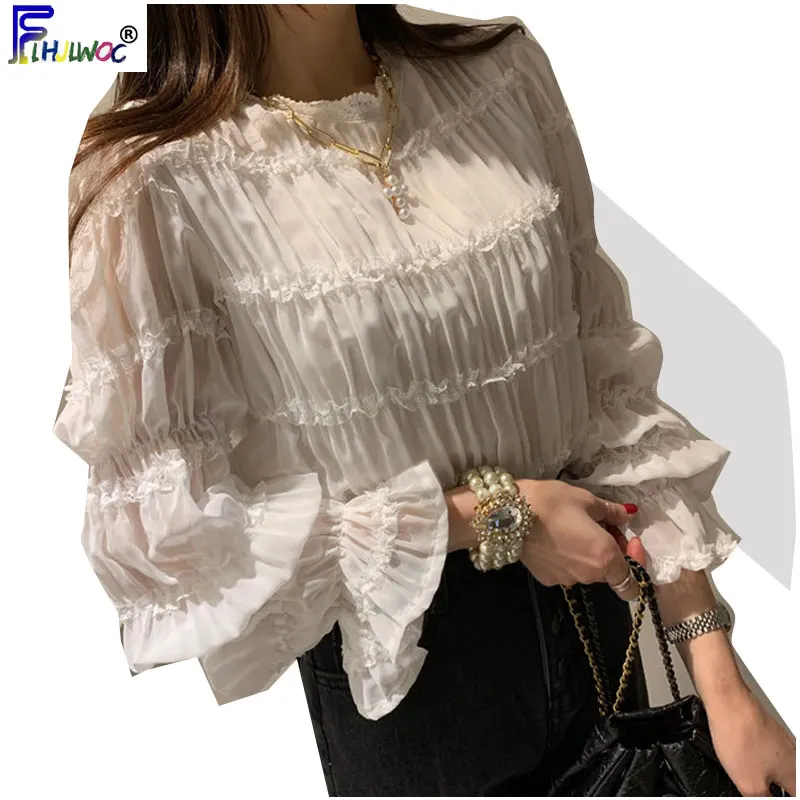 Весна 2020 милые сладкие Топы женские с расклешенными рукавами в Корейском стиле