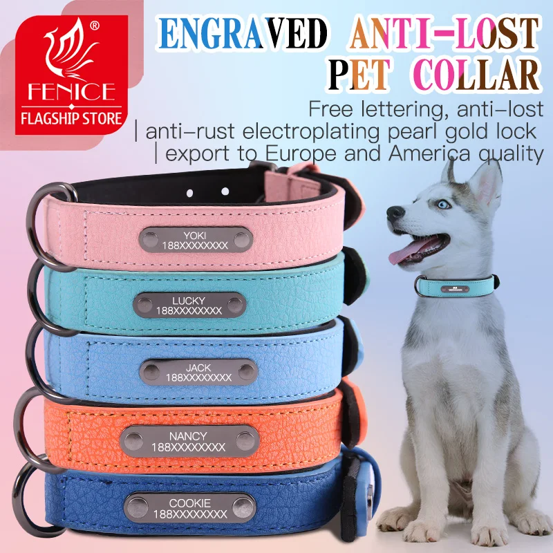 

Ошейник для собак Fenice с индивидуальной гравировкой, кожаный аксессуар для питомца, ошейник для французского бульдога, питбуля, аксессуары д...