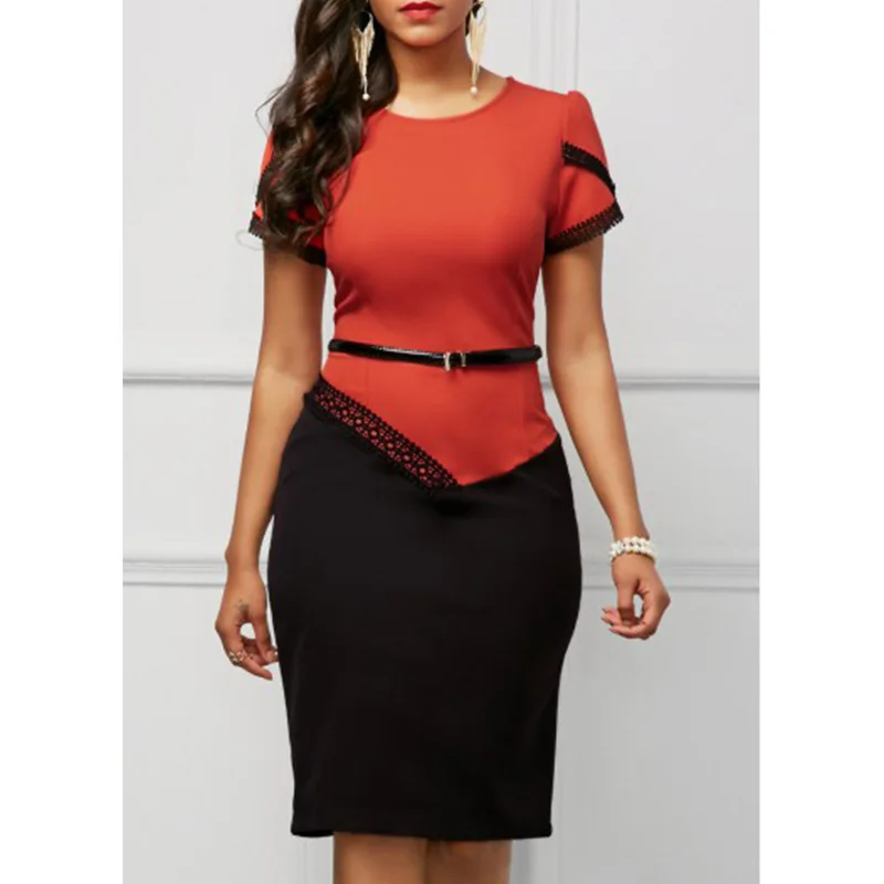 

Women Fashion Summer Vintage Patchwork O-neck Sexy Slim Party Dress Fashion Elegant Office Lady Short Sleeve High Waist Dress