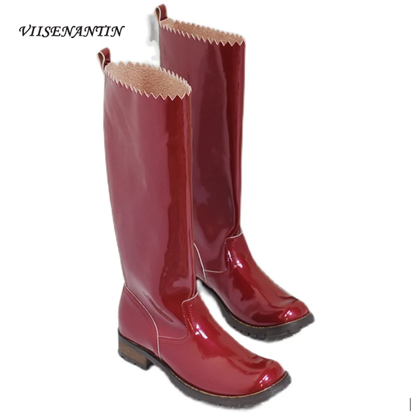 

Красные сапоги с круглым носком и рукавом-дужкой на осень и зиму, Новые однотонные лакированные кожаные сапоги до колена на толстом каблуке