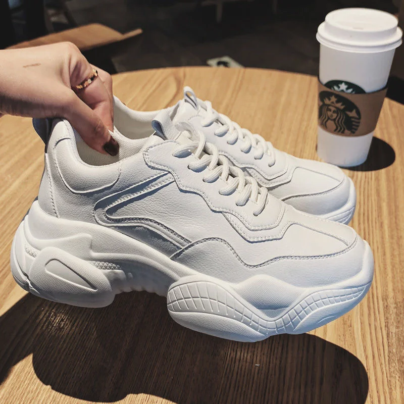 

2022 White Platform Sneakers Women Shoes Casual Lace Up Thick Sole Shoes Woman Beige Chunky Sneakers Leather Vulcanize Shoes Hot