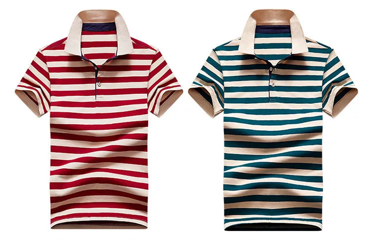 

Free Shipping Men's Fashion Striped Print T-Shirt Lapel Business Casual Sports Tee Summer Cotton Slim-Fit Short Sleeve T-shirt