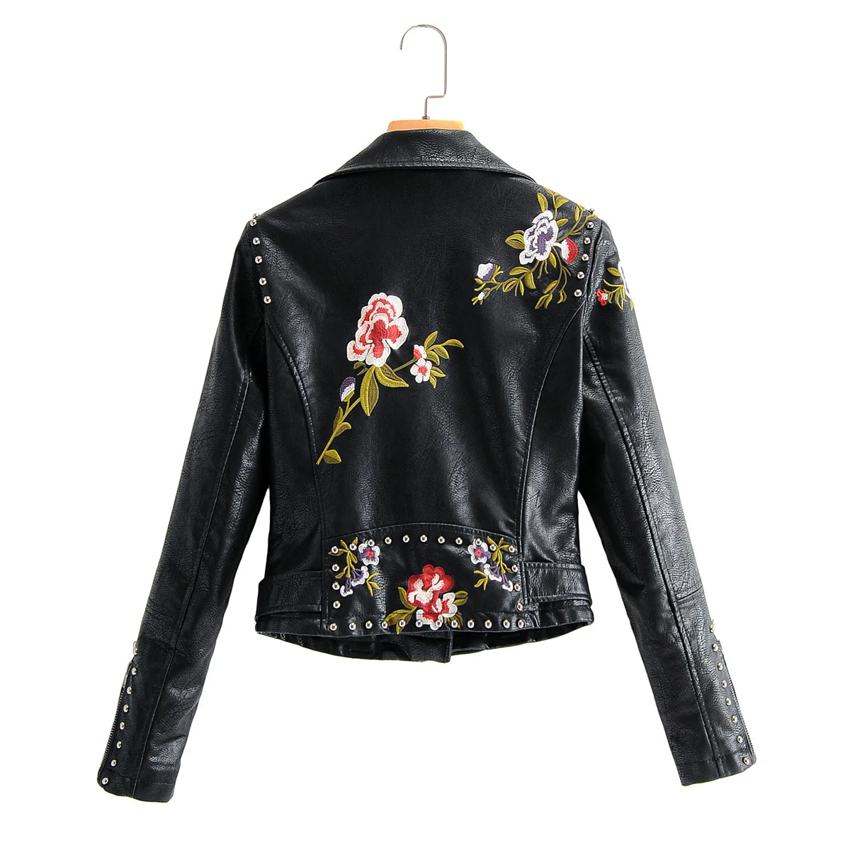 Fashion women's flower embroidery PU leather clothes women's Rivet decoration slim leather jacket enlarge