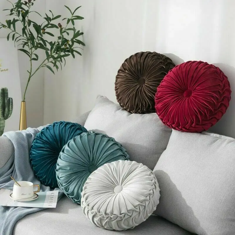 

Newest Nordic Style Velvet Pleated Round Solid Color Cushion Pouf Throw Home Soft Cushion Home Textile