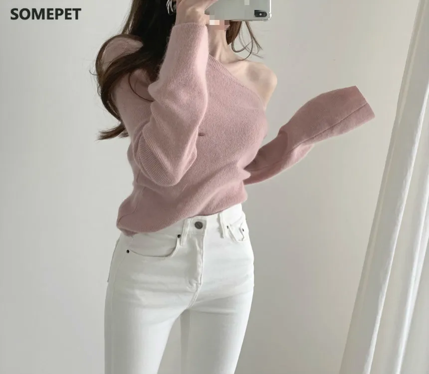 

2021 Autumn Shoulderless Casual Ladies Knitted Sweater Sexy Fashion Puff Sleeve Sweaters Women Pure Color Pullover Women