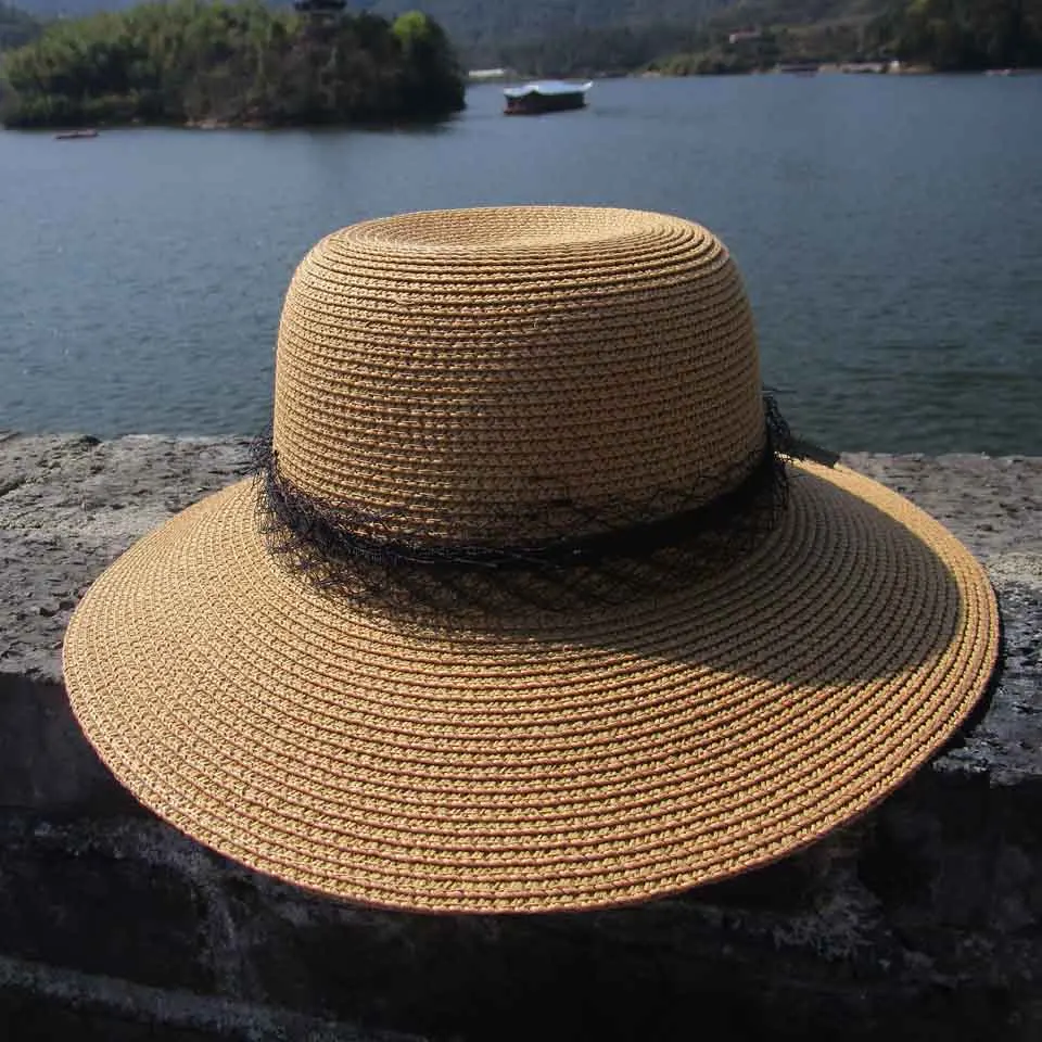 Женская летняя шляпа с широкими полями соломенная Черная кружевная пляжная