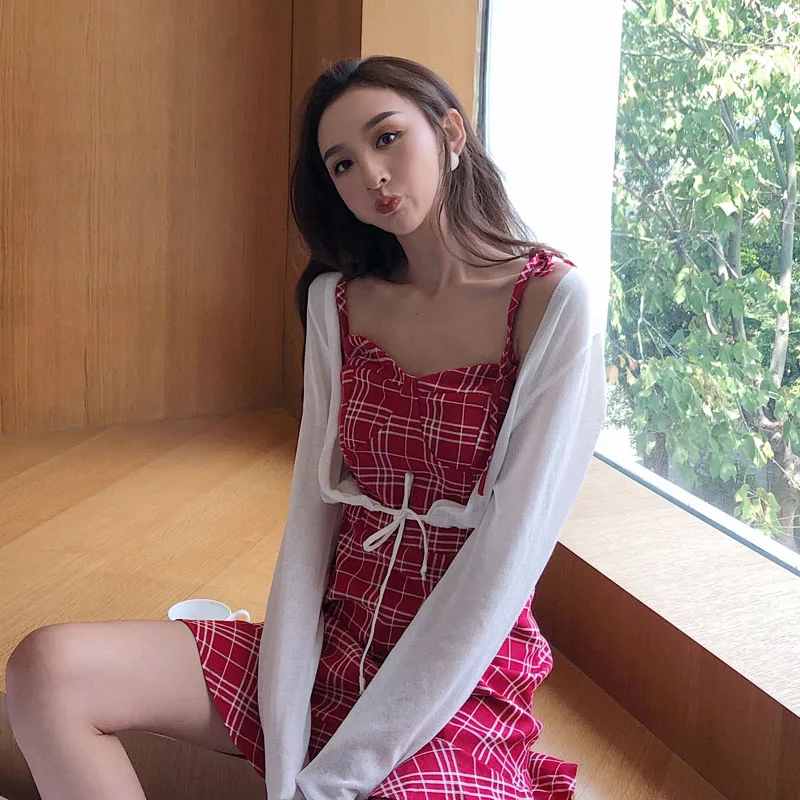 Клетчатое платье на бретельках с завышенной талией женское милое в стиле Ins Kawaii