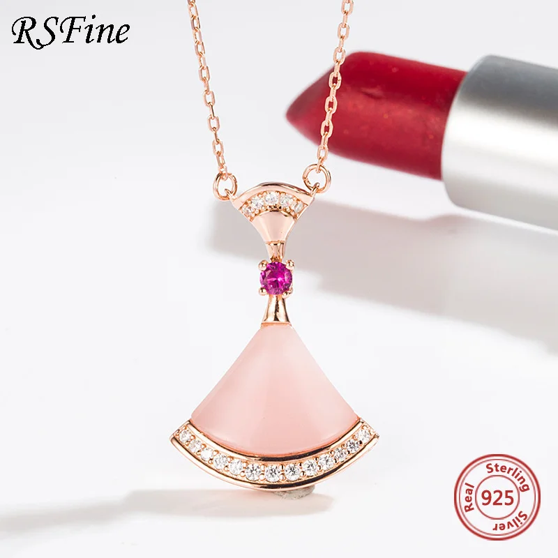 

925 sterling silver pink shell small skirt Necklace original button Valentine Day fan famous brand Fine jewelry For women