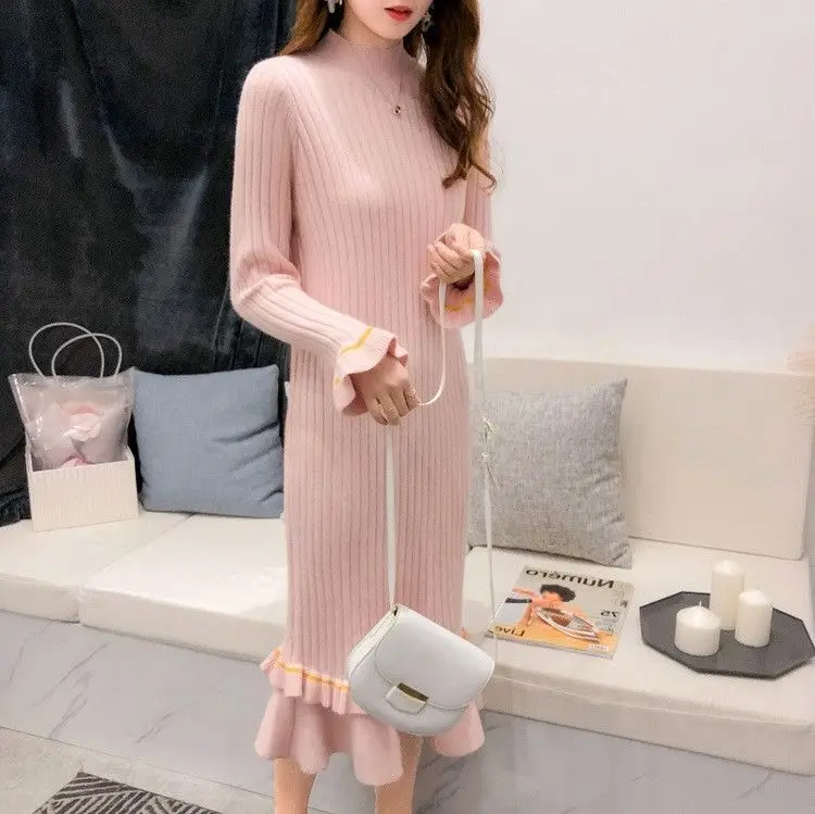 Pink Vangull трикотажное платье-свитер Женское зимнее платье с расклешенными рукавами с высоким воротом Новое Осеннее однотонное Элегантное Длинное платье с оборками - Цвет: Pink