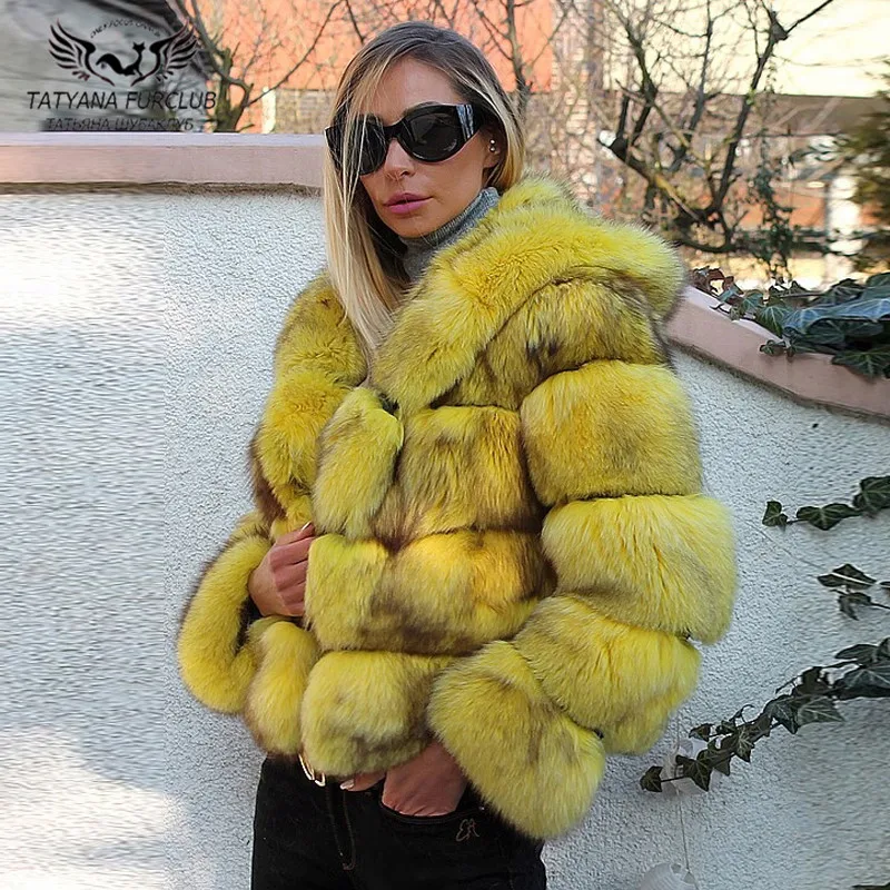 Luxury Women Yellow Fur Coats Natural 2022 New Winter Fashion Real Fox Fur Jacket With Hood Thick Warm Overcoats Trendy Woman