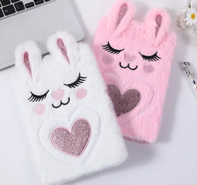 

Romantic Loving Heart Rabbit Notebook Cute Cartoon Bunny Notepad Plushed Cover Pink Girls Diary Book Creative Students Notes