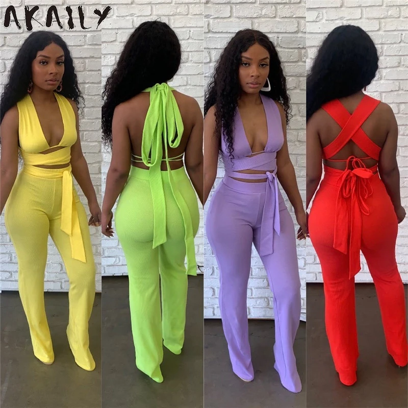 

Akaily Summer Solid Bandage 2 Two Piece Sets Women Streetwear Matching Set Female White Halter Backless Crop Top Long Pants Sets