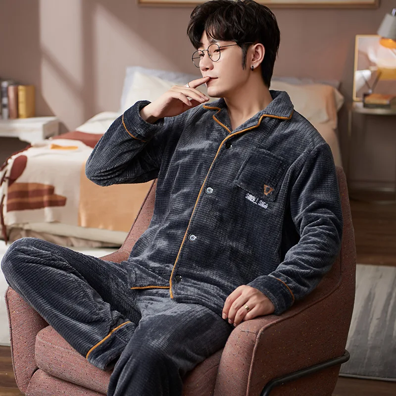 Men's Pajamas Set Flannel Sleepwear Striped Cardigan Lapel Button Pocket Pyjamas Thick Warm Luxury High Quality Homewear Winter