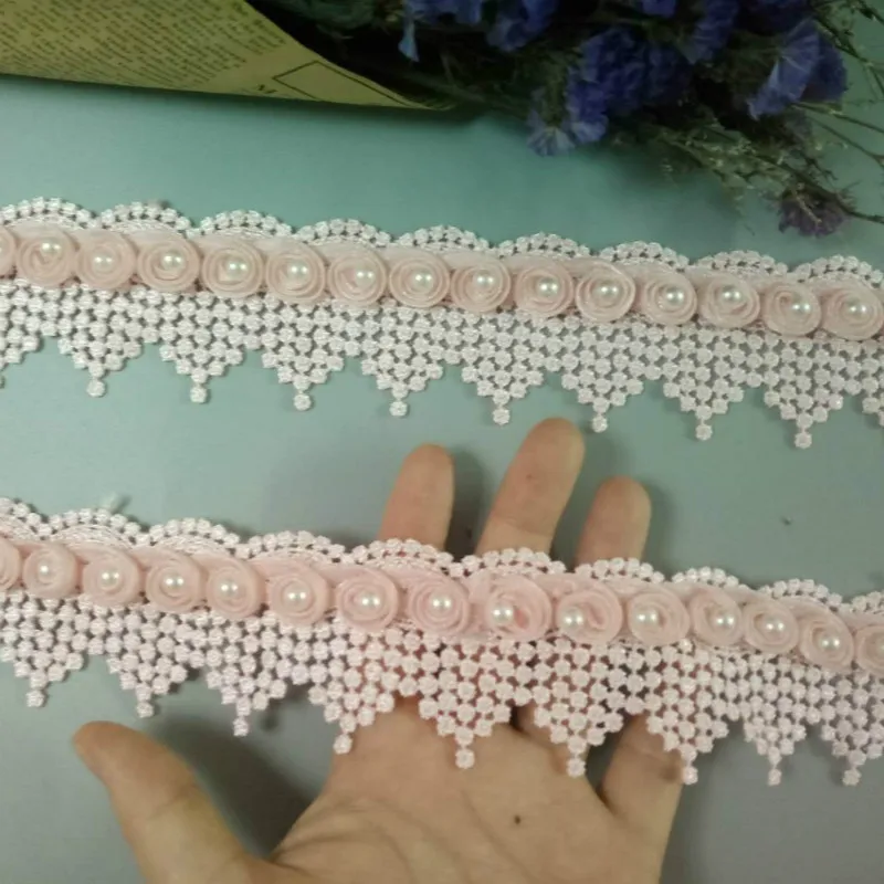 

2 Yard Pink Sequin Ribbon Plum Flowers Pearl Lace Trimmings Ribbons Beaded Lace Fabric Embroidered Sewing Wedding 5cm