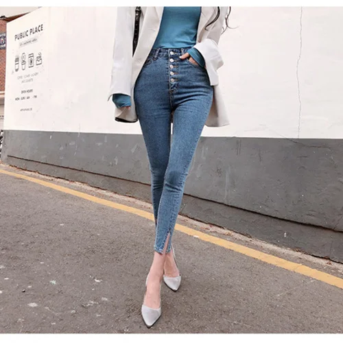 

New Women Autumn Spring High Waist Jeans Skinny Button Denim Zipper Clothing Female Fashion Vintage Jeans Pencil Pants 25-30