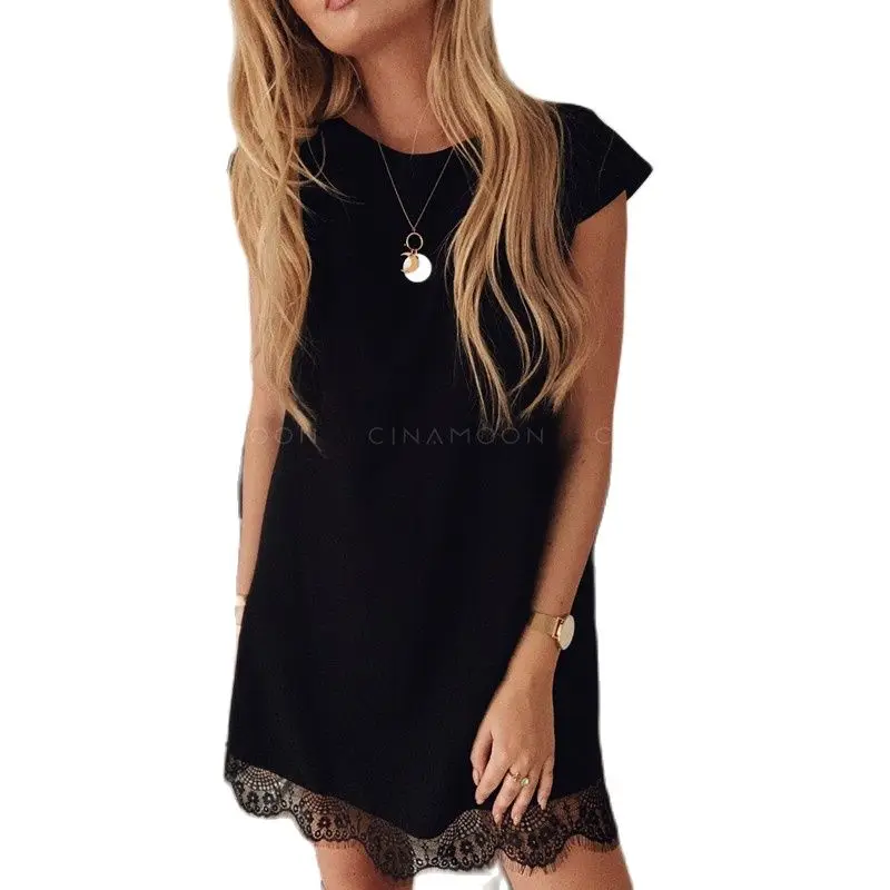 

2021 Summer New Fashion Sexy Women's Mini Dresses Casual O-Neck Short-Sleeved Pure Color Lace Patchwork Ruffled Ladies Dress
