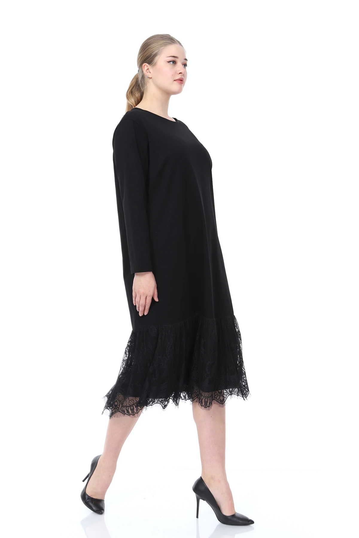 

Lir Women Large Size Long Sleeve Lace Detail Dress Black L1607