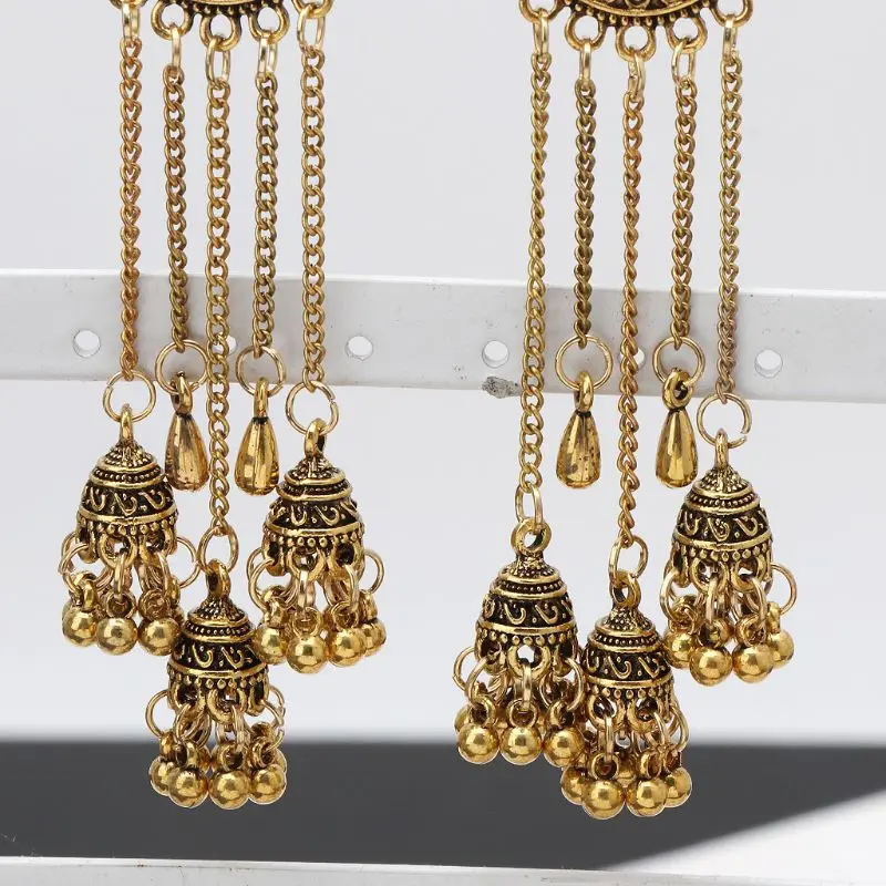 

India Oxidized Long Chain Jhumka Jhumki Indian Drop Earrings For Women Jewelry