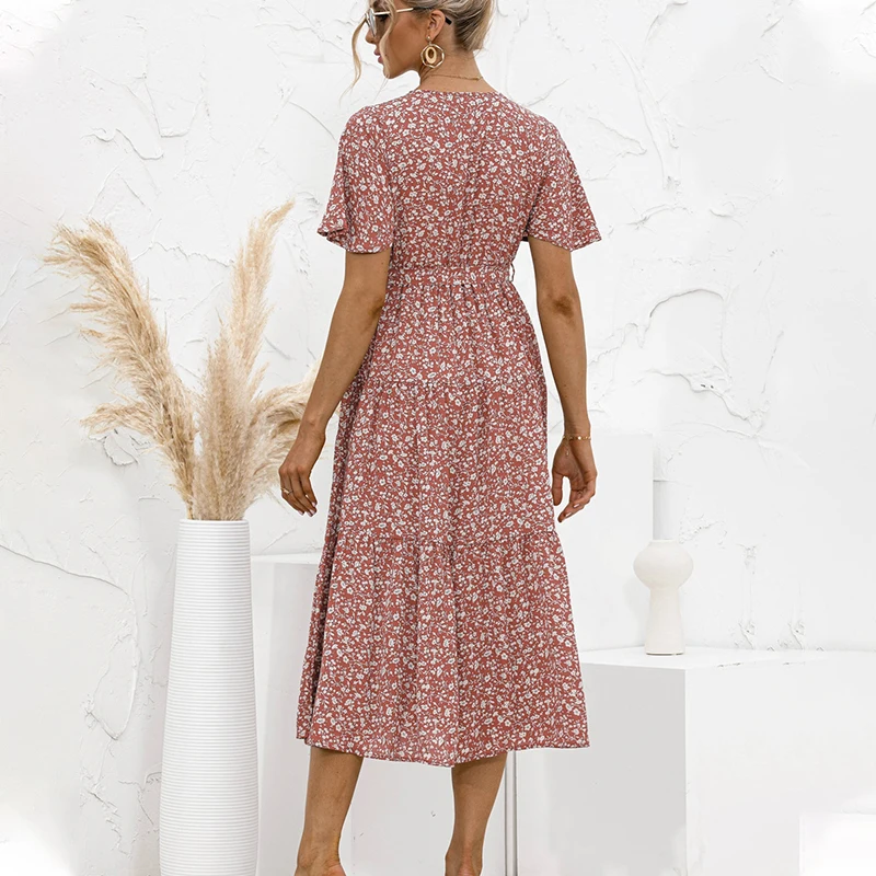 

2021 Summer Women Elegant V-Neck Cross Belt Beach Long Dress Ladies Sexy Print Flowers Polka-Dot A Line Party Strap Boho Vestido