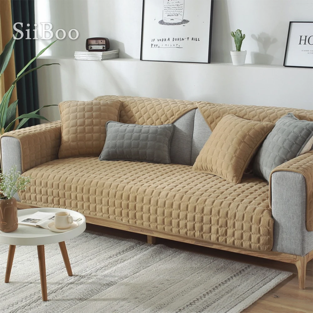 Осенне зимний клетчатый вельветовый нескользящий секционный чехол для дивана из