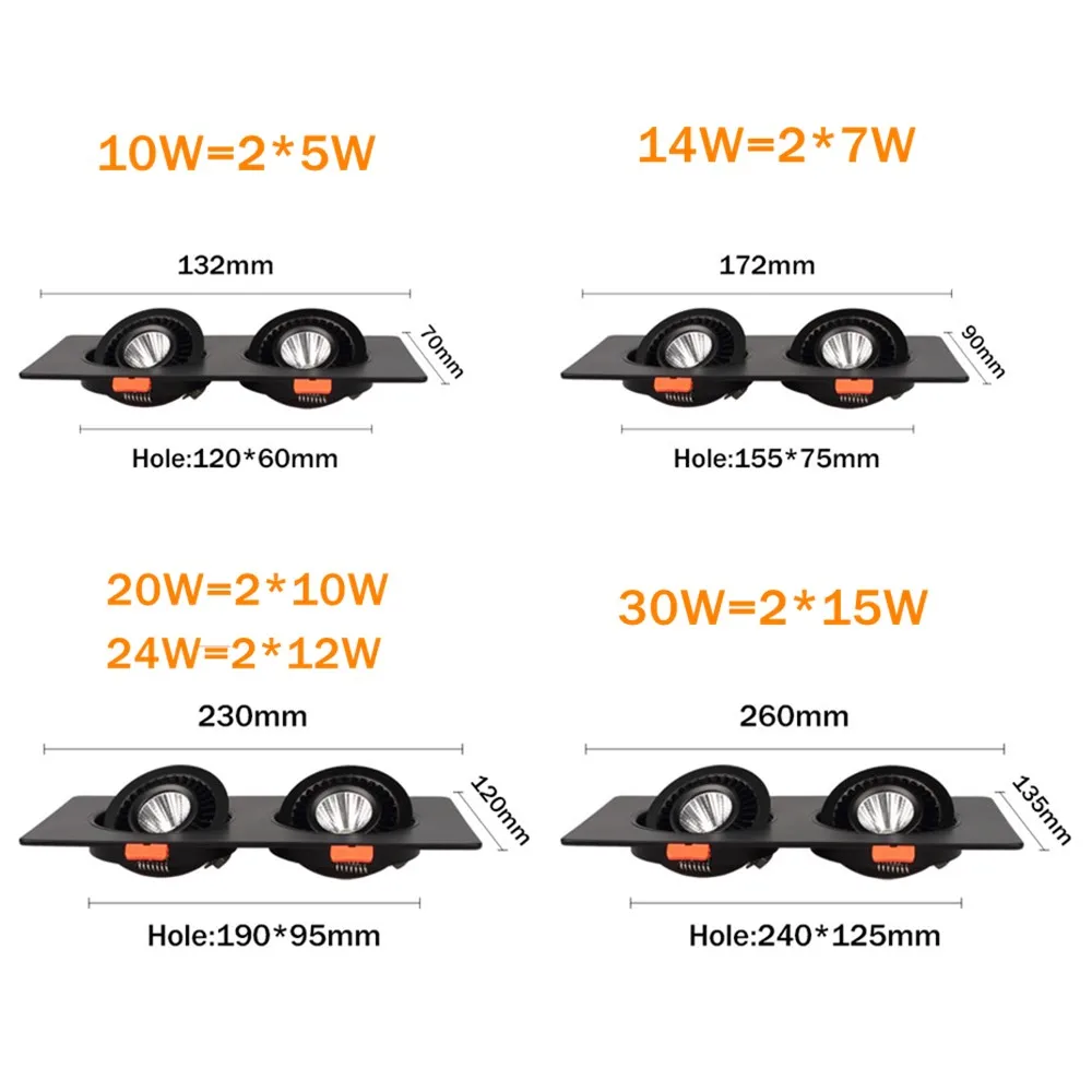 Двойная голова светодиодный потолочное утопленное пятно светильник 24 Вт 20 10