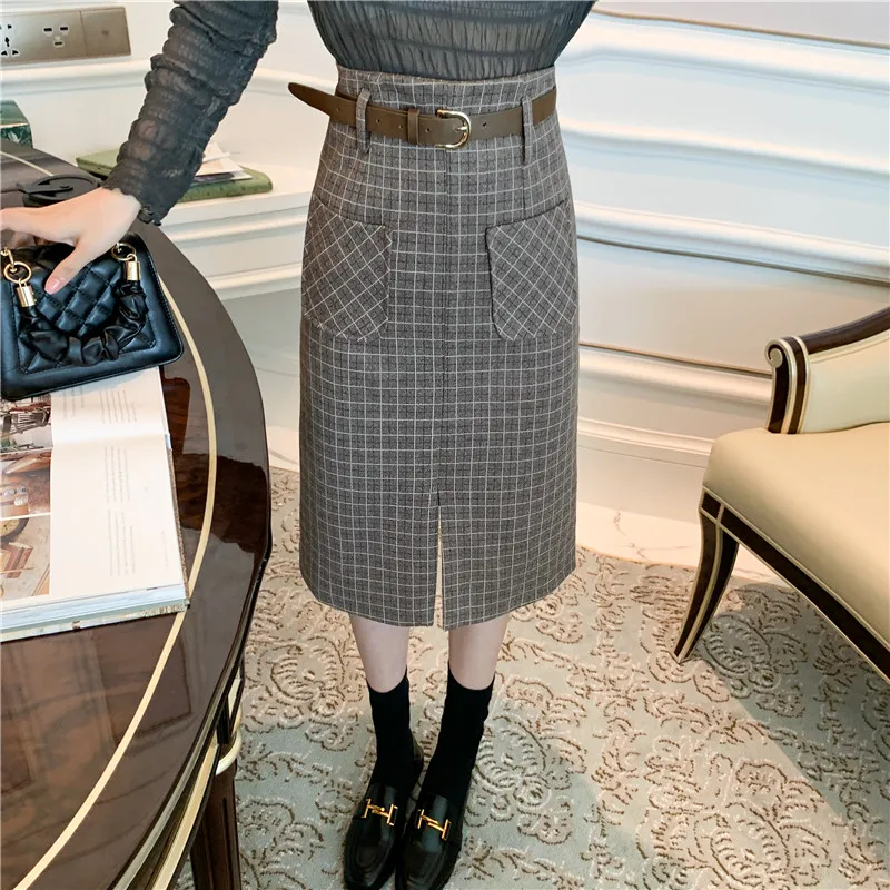 

High Waist A-Line Plaid Skirt Women 2021 New Autumn And Winter Woolen Mid-Length Skirts Casual Simple All-Match