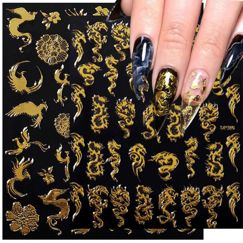 Самоклеящиеся наклейки для дизайна ногтей лазерный золотой дракон красочный