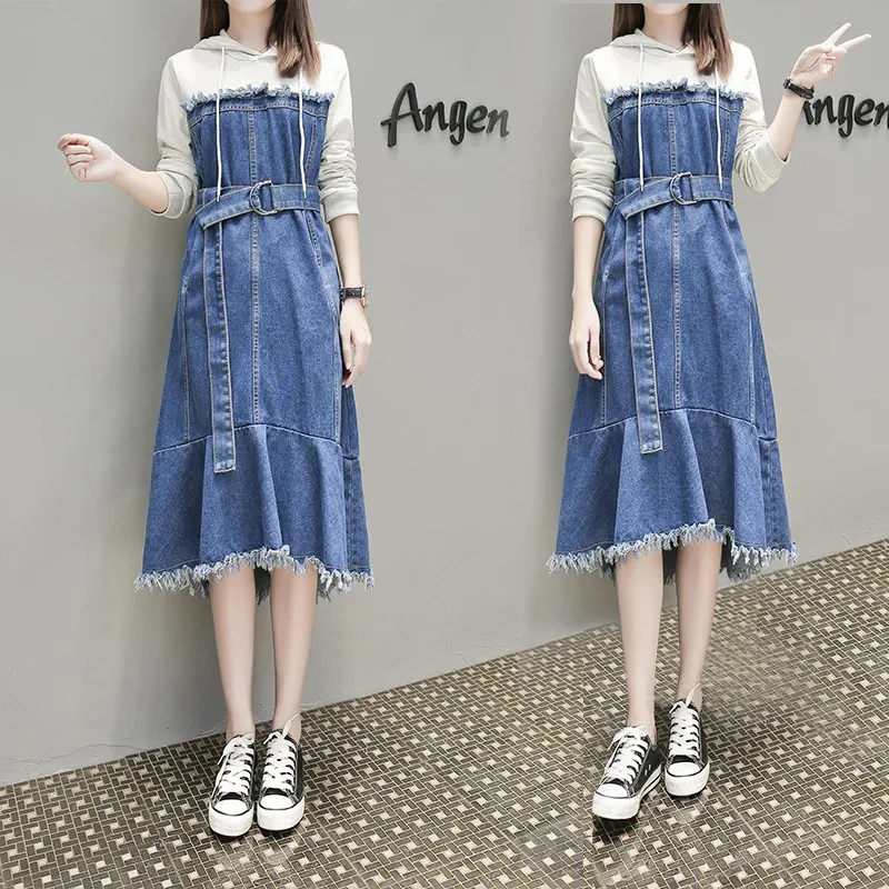 Женское джинсовое платье с бахромой и капюшоном размера плюс 5XL Длинное