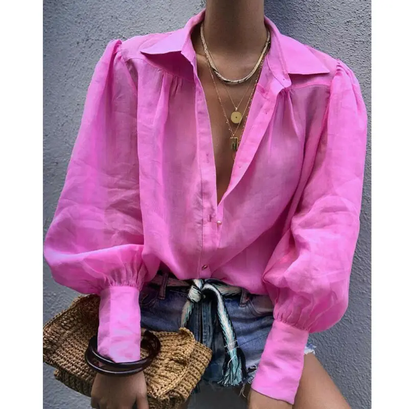 Женская однотонная блузка повседневная с длинными рукавами фонариками и