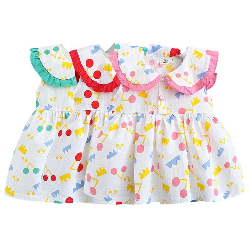

2021 Summer Girls Dress Lace Doll Collar Cartoon Geometric Fresh Pattern Printing Sleeveless Children Cotton Cute Skirt