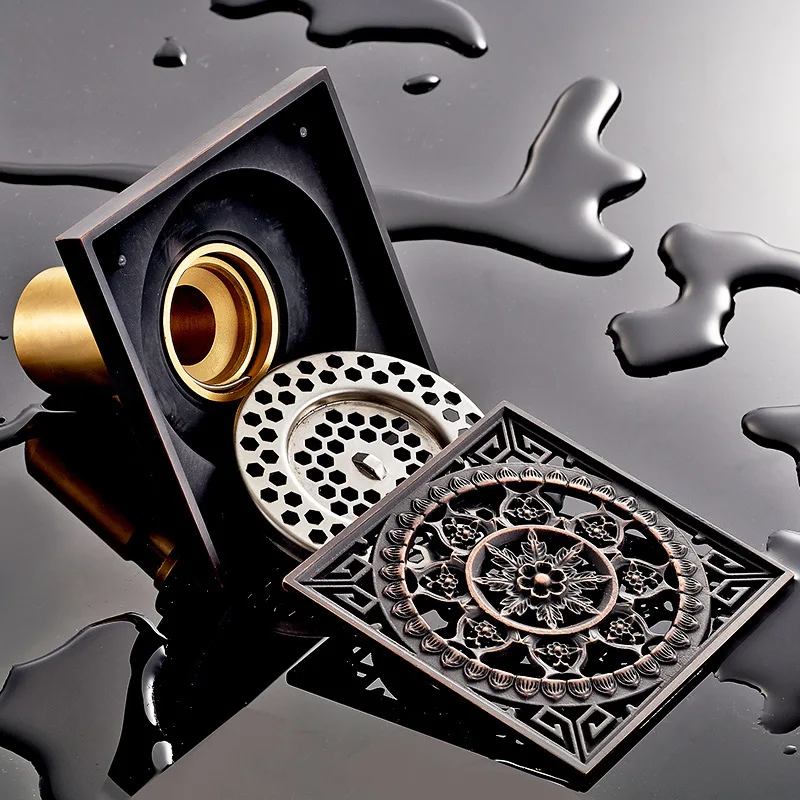 

Tuqiu 10*10cm Floor Drain Black Oil Brushed Bathroom Drain Building Material Total Brass Square Drainer Bathroom Accessories