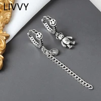 livvy silver color cute bear water%c2%a0drop long tassel asymmetric earrings smiling%c2%a0face jewelry vintage party accessories gifts