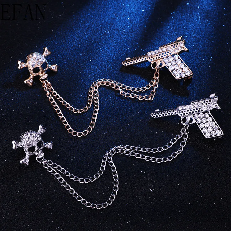 Корейский Новый Металлический Череп пистолет Брошь Стразы кисточка цепочка