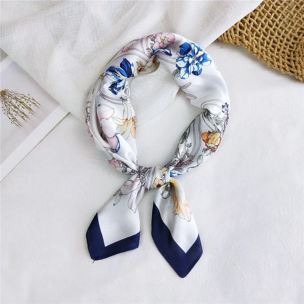 

70x70cm New Designer Floral Print Small Square Neck Collar Scarf Women Bag Decoration Bandana Headband Satin Scarves for Hair