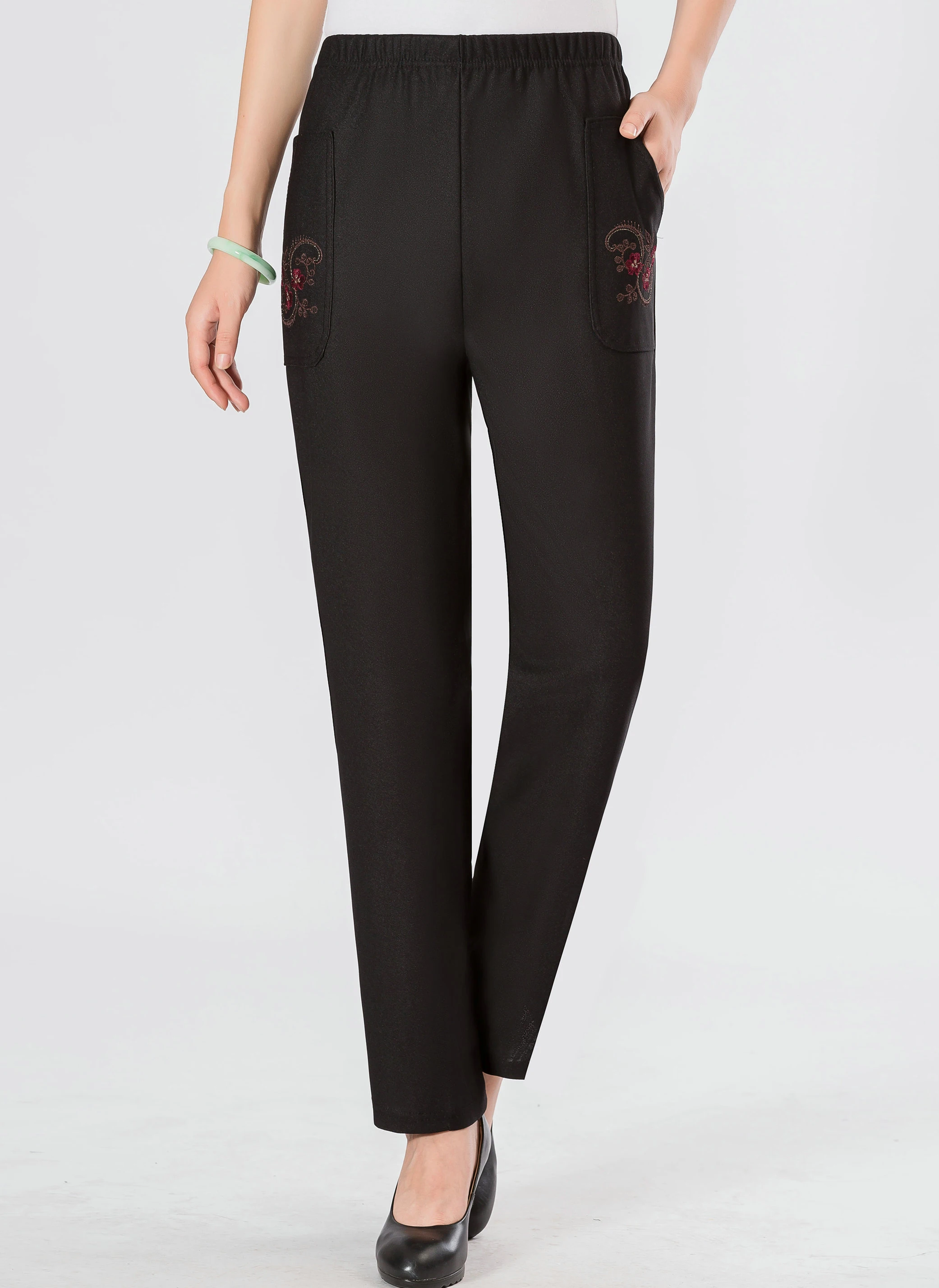 

Middle Aged Women Black Pant Chinese Embroidered Trouser Elderly Woman Grandma Mom High Elastic Waist Straight Pants Plus Size